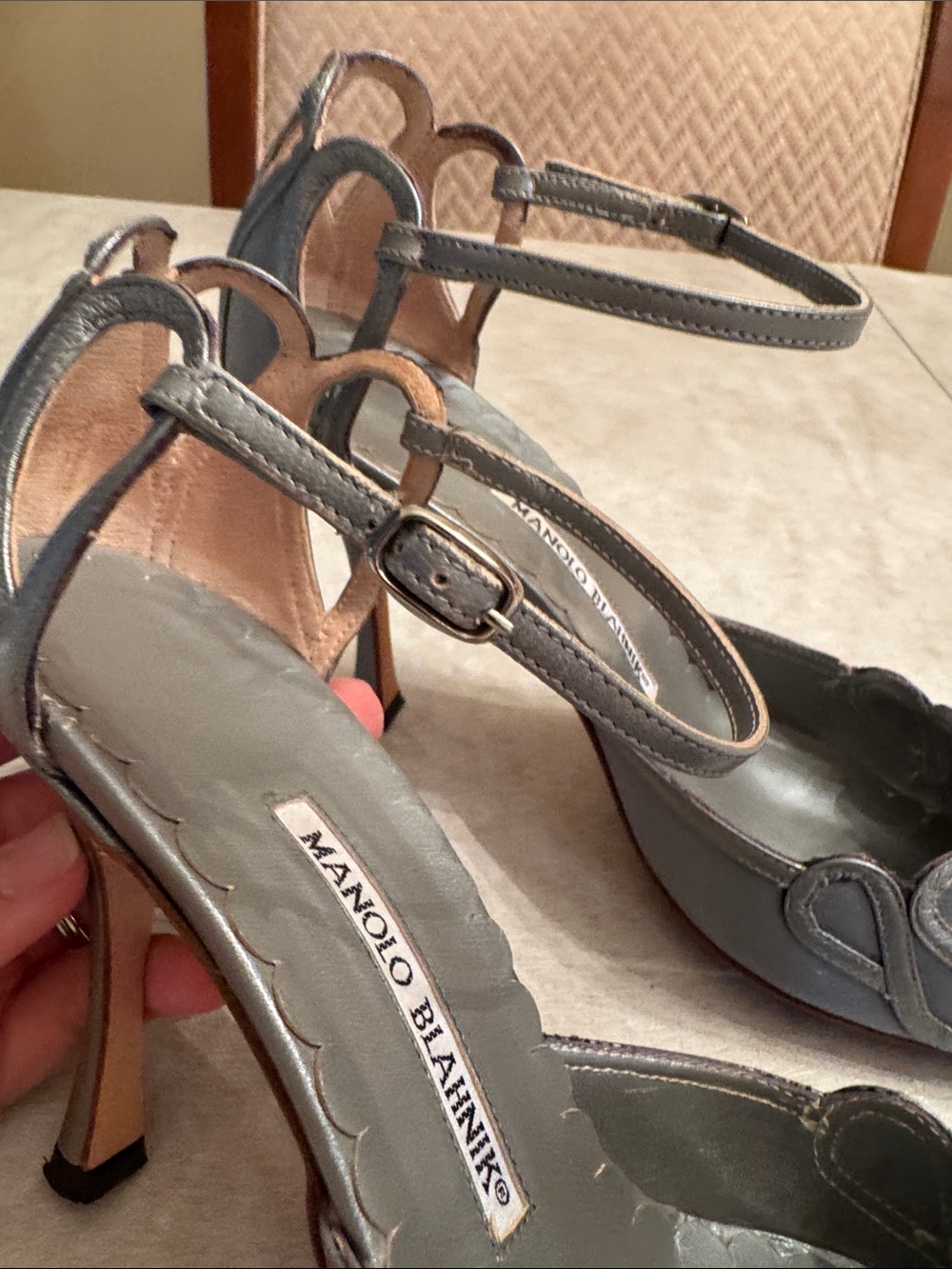 Manolo Blahnik Silver-Gray Satin Pointed Toe Ankle-Strap Heels - Picture 4 of 9